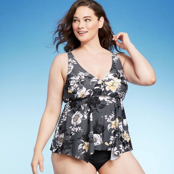Women's Plunge V-Neck Strappy Back Tankini Top Kona Sol™ Multi size 1X - Picture 1 of 7